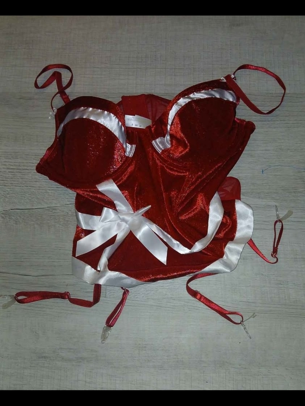 Secret Treasures Red Satin Corset with White Ribbon Accents